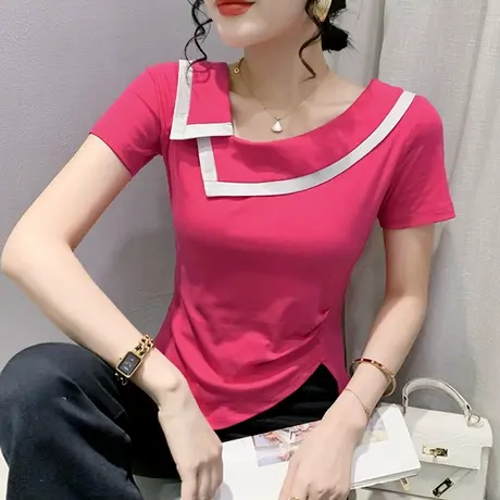 不规则开叉T恤短袖女2024新款洋气修身小衫法式斜肩上衣设计感潮商品大图