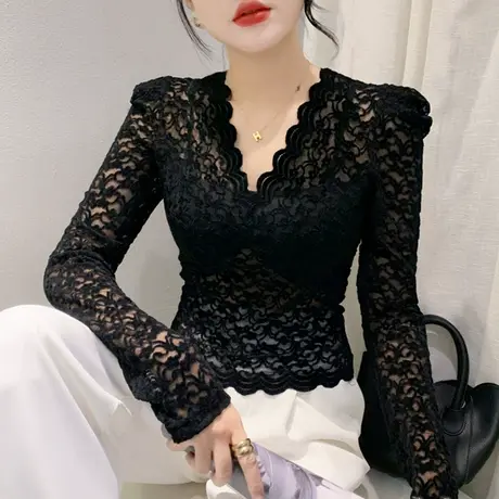 加绒秋冬蕾丝网纱拼接上衣气质泡泡袖V领T恤女长袖洋气修身打底衫商品大图