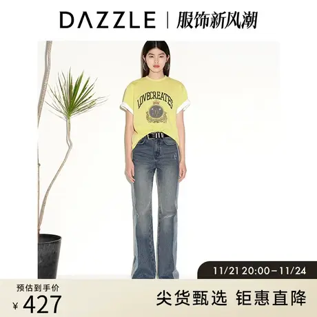 DAZZLE地素奥莱 春夏复古通勤圆领航海刺绣印花黄色短袖T恤女图片