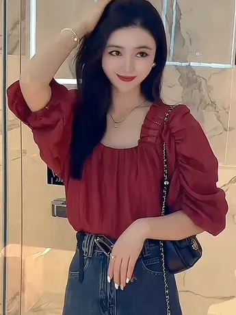 2023年夏季新款方领气质雪纺衫韩版堆堆袖套头短袖上衣洋气小衫女商品大图