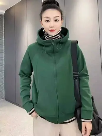 2023秋冬季新款时尚百搭简约修身拉链加绒休闲连帽开衫上衣ins潮商品大图