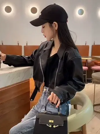 欧货西装领短款皮衣外套女2023年春秋新款韩版显瘦街头机车夹克商品大图