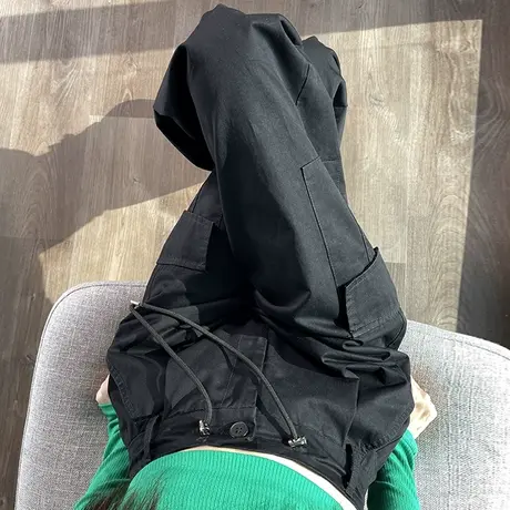 美式复古工装裤女春秋新款高腰直筒宽松显瘦阔腿休闲抽绳运动长裤商品大图