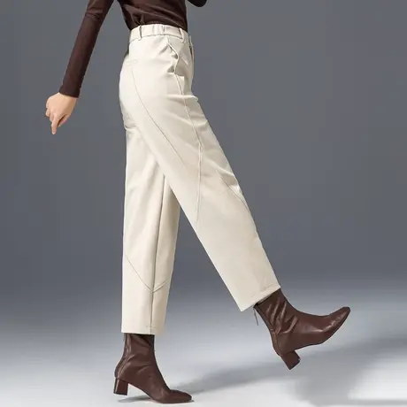 米色毛呢裤女秋冬2024新款白色妈妈裤子冬季女裤休闲九分裤哈伦裤图片