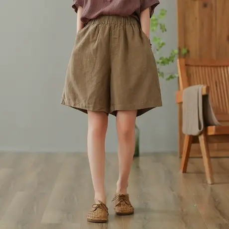 dza 高腰显瘦苎麻休闲裤女2023夏薄款五分裤直筒裤棉麻阔腿裤短裤商品大图