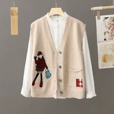 学院风刺绣图案针织马甲开衫女式秋装2024年新款宽松毛衣背心坎肩图片
