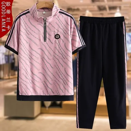 40-50岁中年妈妈短袖休闲两件套大码洋气印花中老年女T恤运动套装图片