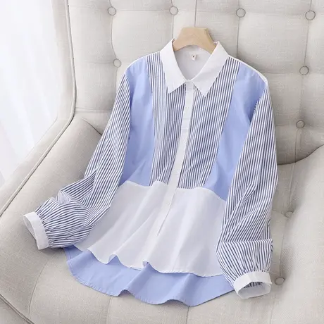 牛津纺条纹拼接衬衫女2022春秋新款韩版时尚气质宽松休闲长袖衬衣商品大图