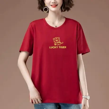 短袖t恤女夏季新款加肥加大码女装宽松纯棉百搭遮肚显瘦圆领体恤商品大图