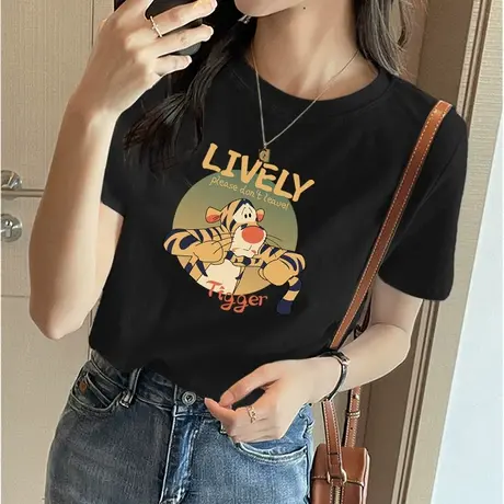 黑色正肩短袖t恤女圆领夏季2023年春夏款内搭打底衫上衣体恤纯棉商品大图