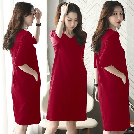 酒红色遮胯裙子显瘦洋气2024年新款春夏法式慵懒风五分袖连衣裙女商品大图