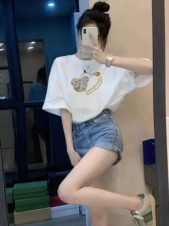 白色仿棉短袖T恤女2023新款春装夏季ins超火宽松设计感小众上衣服图片