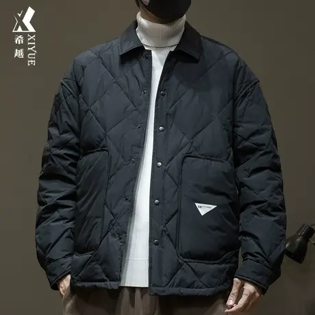 希越新国标衬衫式羽绒服男宽松大码菱形格加厚棉服冬季白鸭绒外套商品大图