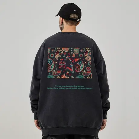 2023早春秋新款字母做旧复古外套胖子男装加肥加大码圆领卫衣无帽图片