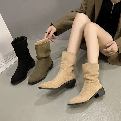 马丁靴女2023年春秋季新款网红超火英伦风西部牛仔靴粗跟尖头短靴图片