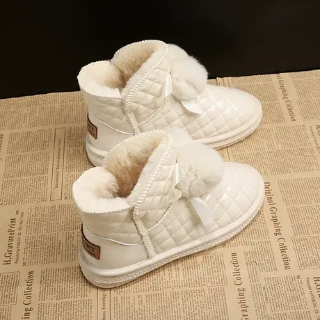 可爱毛球雪地靴女2023年新款冬加绒加厚短靴子皮面防水东北大棉鞋图片