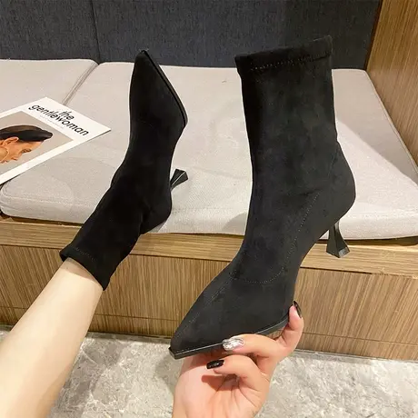 尖头短靴女细跟2023年冬季新款性感黑色瘦瘦靴高跟百搭弹力袜子靴商品大图