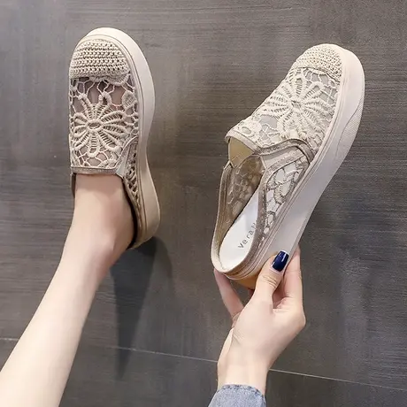 包头半拖鞋女夏外穿网纱透气2025年新款超火半托女鞋平底渔夫鞋子商品大图