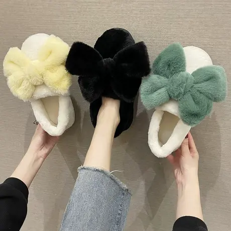 棉拖鞋女秋冬季可爱蝴蝶结居家室内外穿防滑毛绒保暖包跟月子棉鞋图片