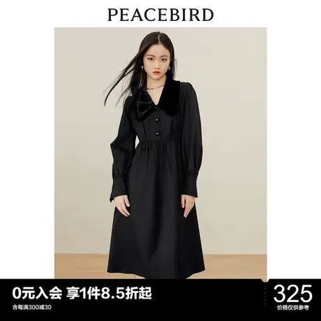 太平鸟丝绒领连衣裙女赫本风法式复古秋冬新款小黑裙长袖长裙图片