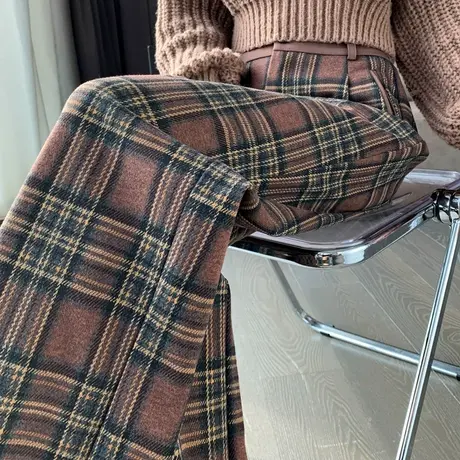 咖色格子裤毛呢裤子女秋冬2024新款爆款长裤休闲裤阔腿裤女裤加绒商品大图