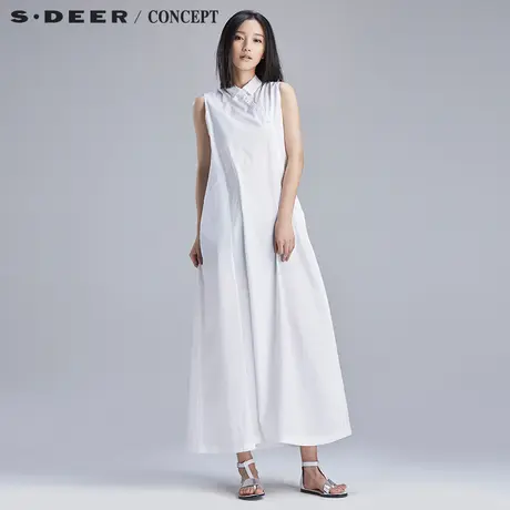 SDEER圣迪奥2018夏季女斜开襟阔摆无袖长款立领裙子S16281265图片