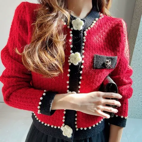 粉红大布娃娃2022新款钉珠立体花朵设计感针织开衫小香风外套女春商品大图