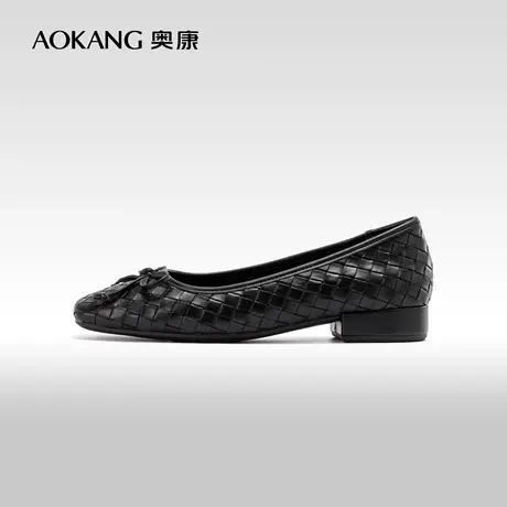 奥康女鞋春秋季新款编织鞋面时尚尖头浅口单鞋粗低跟通勤单鞋图片