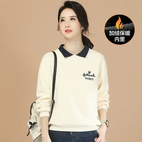 新品88折】POLO领刺绣加绒卫衣女2023冬季新款休闲拼接撞色上衣厚商品大图