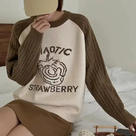 美拉德撞色圆领高级感超好看毛衣女秋冬季2023新款设计感针织上衣商品大图