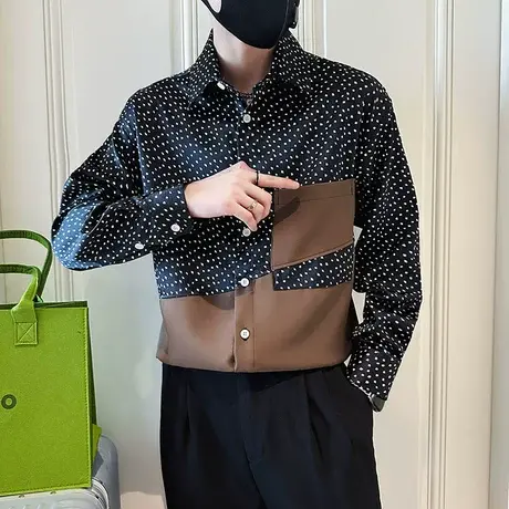 拼接设计长袖衬衫男秋季2023新款波点拼色上衣休闲发型师衬衣痞帅商品大图