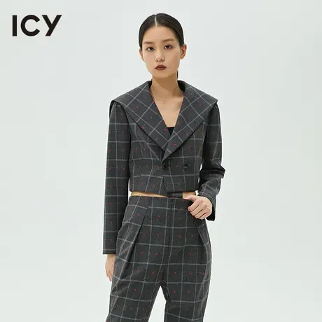 icy春秋新款复古水手服披肩领格纹爱心刺绣长袖短西装女图片