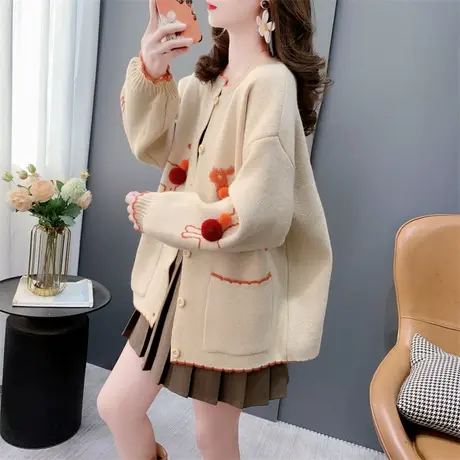 甜美减龄设计感别致毛衣开衫女秋冬2023新款宽松洋气加厚针织外套商品大图