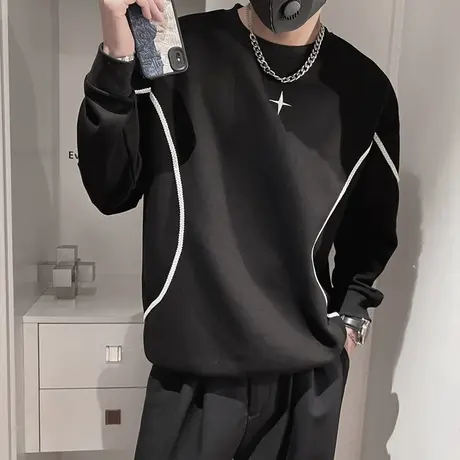 小众高级感圆领卫衣潮男春秋季个性刺绣百搭长袖打底上衣休闲外套商品大图