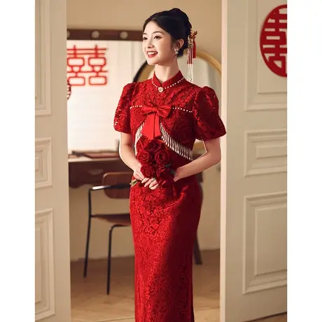 敬酒服新娘女高级感高贵中式旗袍蕾丝气质端庄夏季酒红色订婚礼服商品大图