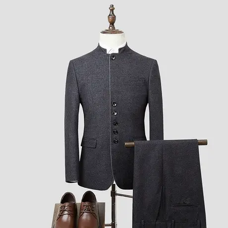 立领中山装男青年修身中国风套装毛呢唐装外套中式西服西装两件套图片