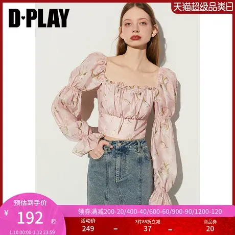 DPLAY春法式风粉色碎花方领葫芦袖收腰蝴蝶结系带设计小衫上衣女商品大图