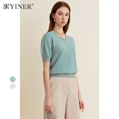 YINER音儿女装夏季圆领收腰简约针织衫套头上衣商品大图