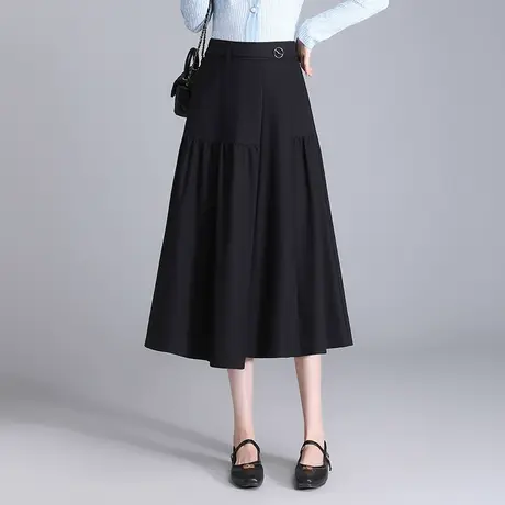 黑色不规则显瘦a字裙女2024春季新款高腰百搭半身裙中长款伞裙子图片