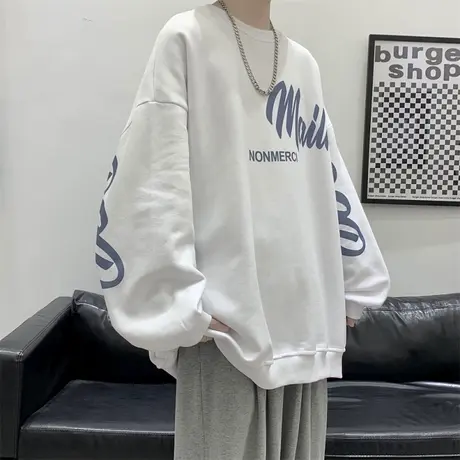 港风圆领卫衣男ins潮秋季美式高街字母印花休闲潮牌百搭宽松外套商品大图