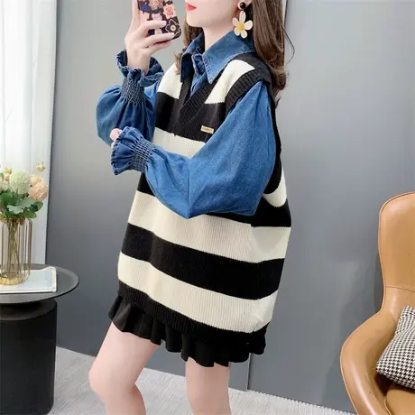网红宽松条纹针织马甲背心女春季2024年新款洋气减龄无袖坎肩上衣商品大图