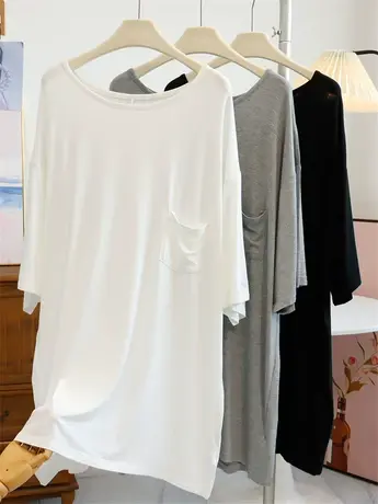 大圆领中长款莫代尔睡裙女宽松大码胖mm孕妇可外穿家居服T恤裙潮商品大图