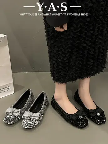 法式仙女风女鞋子单鞋晚鞋2024春季复古蝴蝶结小香风平底鞋奶奶鞋商品大图