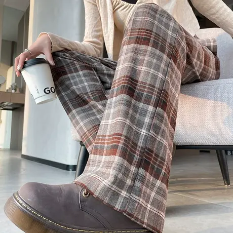 美拉德复古格子裤女2024新款宽松阔腿高腰显瘦松紧腰拖地休闲裤子图片