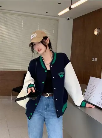 棒球服外套女美式复古2022新款春秋薄款宽松vintage夹克上衣潮ins图片