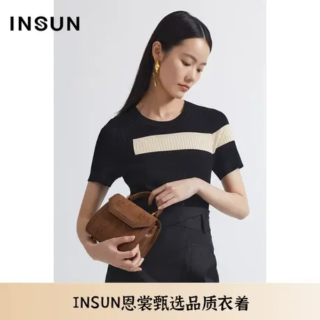 INSUN恩裳夏季坑条撞色拼接毛针织衫图片