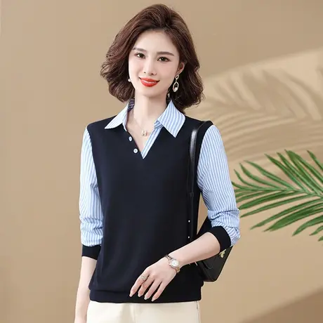 妈妈春装韩版假两件衬衣遮肚子条纹上衣中老年长袖衬衫洋气打底衫图片