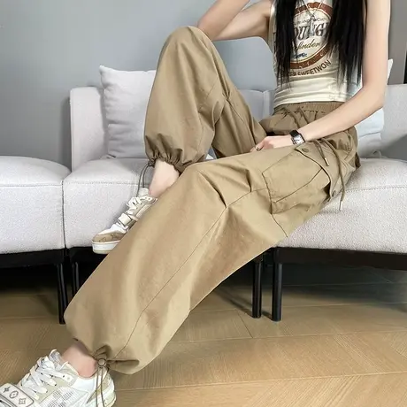 美式大口袋工装裤女宽松阔腿裤春夏2024新款高个子加长束脚运动裤商品大图