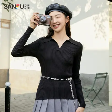 直播秒杀三福针织衫2024早秋新款撞色设计感PoloV领修身打底衫毛图片