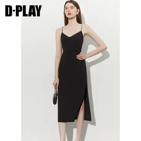 DPLAY2023春新轻奢黑色V领闪钻肩带两穿式高开叉吊带连衣裙小礼服图片